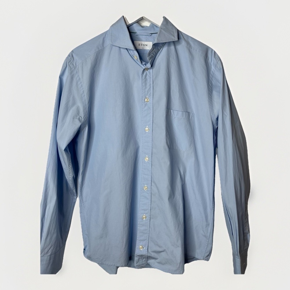 Eton Oxford Button Up Dress Shirt Mens 42.5 x 16 BLUE Slim Fit Preppy Blue